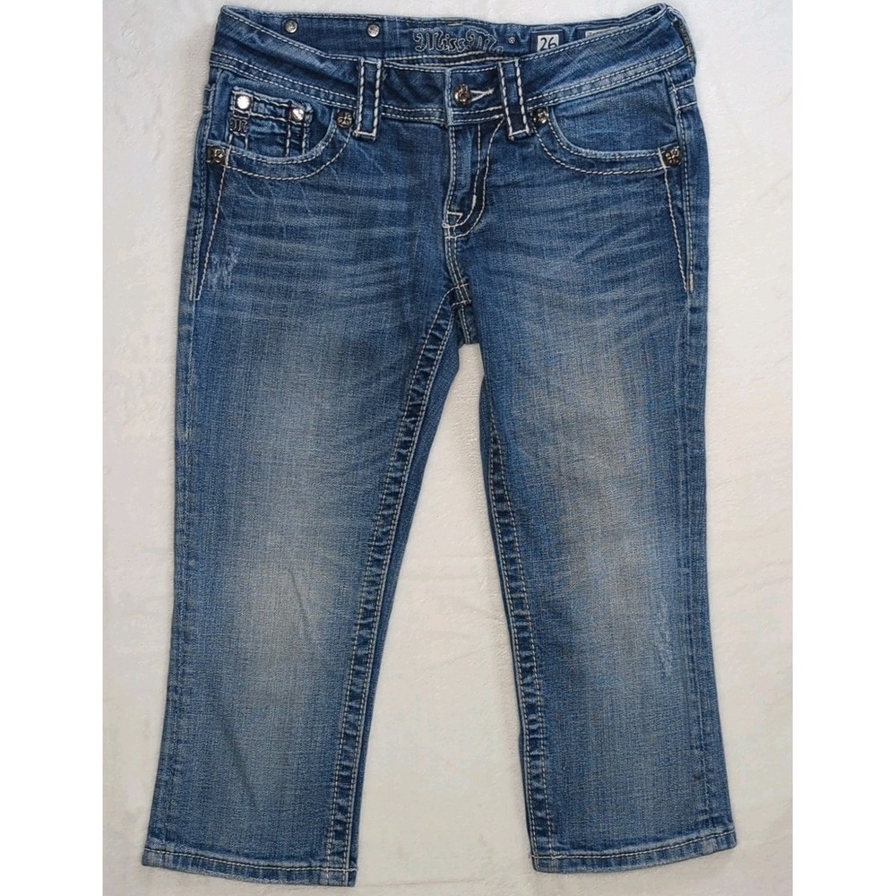 Miss Me Capri Jeans Size 26 Pockets Rhinestones Thick Stitch Blue Denim‎